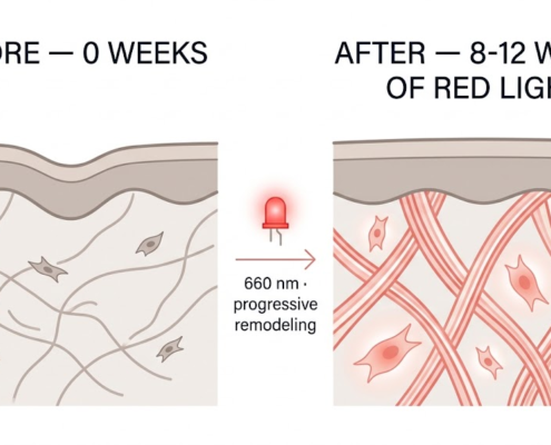 Red light therapy skin tightening: cross-section comparison showing thinner collagen before treatment and denser, firmer collagen after 8-12 weeks of consistent red light sessions
