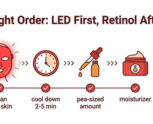 Correct order for retinol and LED mask: LED therapy on clean skin, cool down 2-5 minutes, apply pea-sized retinol, moisturize with ceramides, SPF next morning