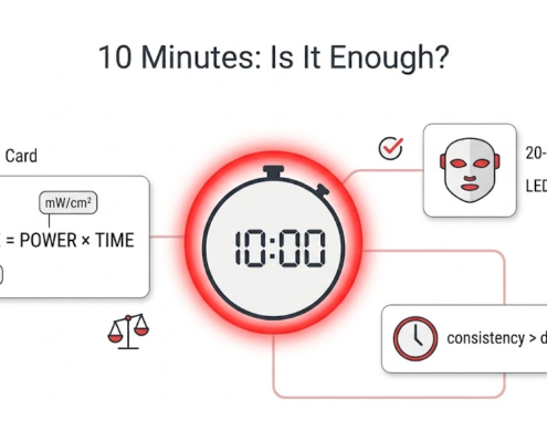 Infographic showing whether 10 minutes of red light therapy is enough: dose equals power times time, with typical mask irradiance and consistency message