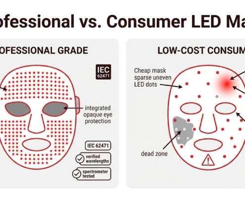 Professional vs low-cost LED mask comparison: dense uniform LED grid with eye protection and verified wavelengths versus sparse LEDs with hotspots, dead zones and no eye safety standard
