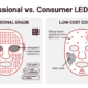 Professional vs low-cost LED mask comparison: dense uniform LED grid with eye protection and verified wavelengths versus sparse LEDs with hotspots, dead zones and no eye safety standard
