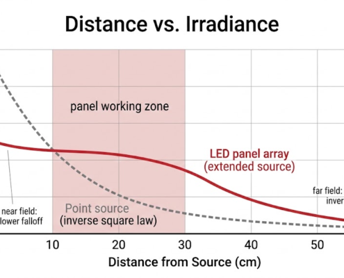 Distance vs irradiance chart for red light therapy: LED panel arrays fall off more slowly than point sources, with the working zone between 10 and 30 cm