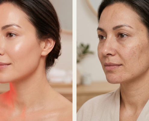 Close-up of smooth facial skin showing anti-aging and acne reduction benefits of red light