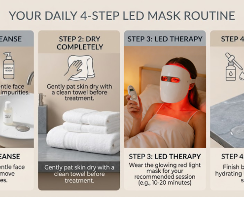 Step-by-step skincare prep routine infographic for red light therapy mask