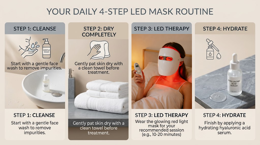 Step-by-step skincare prep routine infographic for red light therapy mask
