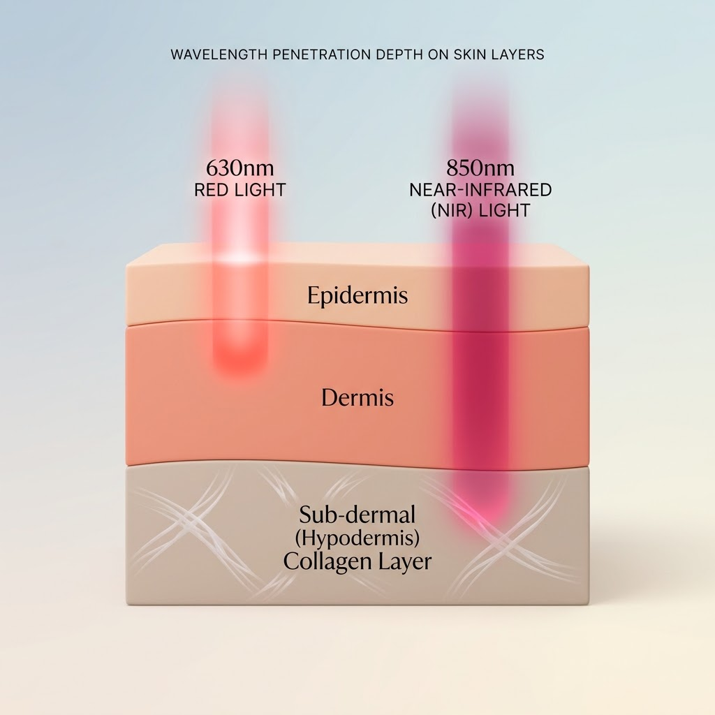 Red light therapy wavelength penetration diagram showing 630nm red light and 850nm near-infrared light on skin layers