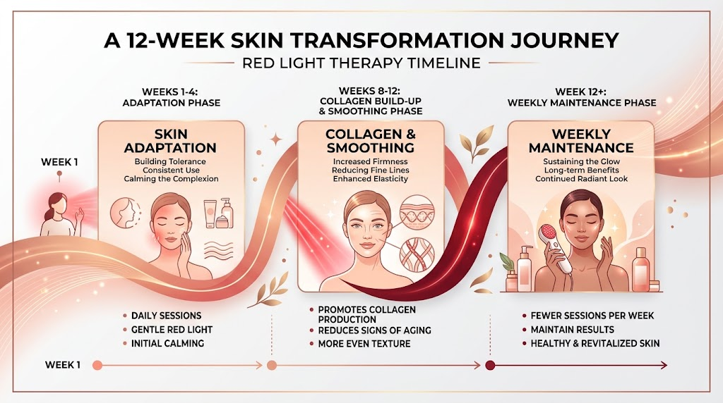 12-week red light therapy results timeline chart showing skin texture and collagen density progress