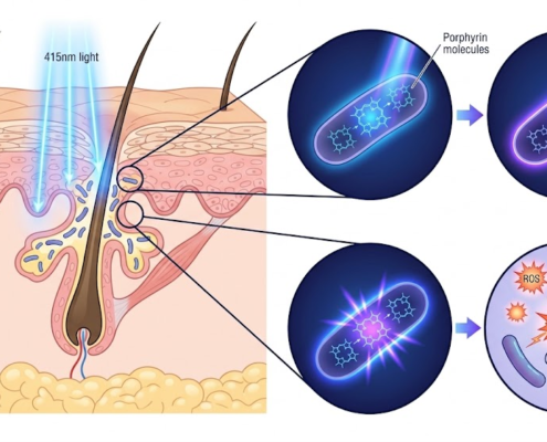 Blue 415nm light destroying acne-causing bacteria inside a skin pore through porphyrin activation