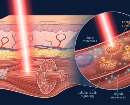 Illustration of near-infrared light reaching mitochondria in muscle cells to boost cellular repair