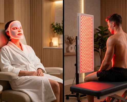 Red light therapy applications — LED face mask for skin and light panel for muscle recovery