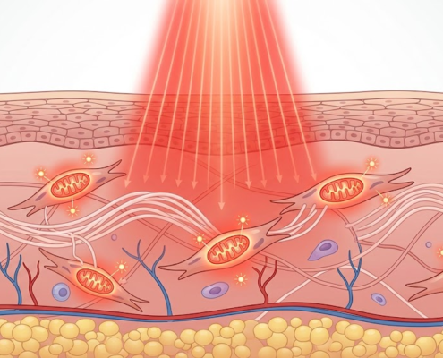 Skin cross-section showing red light reaching fibroblasts and stimulating collagen production