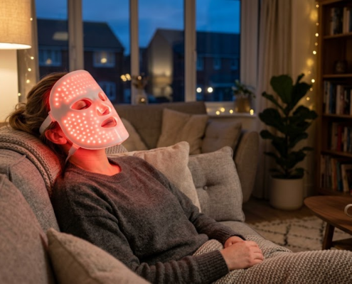 Relaxed woman wearing a red light therapy LED mask during an evening home session