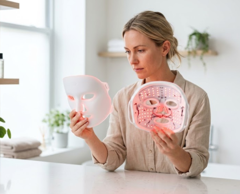 Woman comparing two red light therapy LED masks side by side
