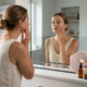 Woman checking her skin in the mirror after a red light therapy session