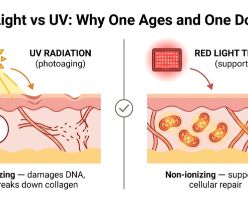 Red light vs UV comparison: UV radiation damages DNA and breaks down collagen causing photoaging, while red light therapy is non-ionizing and supports cellular repair