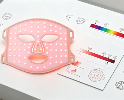 Red light therapy LED mask glowing next to specification and certification elements