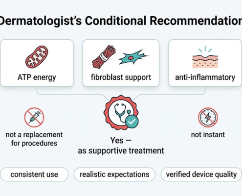 Dermatologist's conditional recommendation for red light therapy: supportive for collagen, recovery and anti-inflammatory goals, with consistent use and verified device quality as conditions
