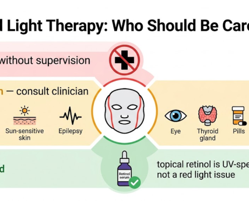Red light therapy contraindication zones: avoid over cancer areas without supervision, caution with pregnancy photosensitivity epilepsy eye thyroid medications implants, topical retinol clarified as not a red light issue