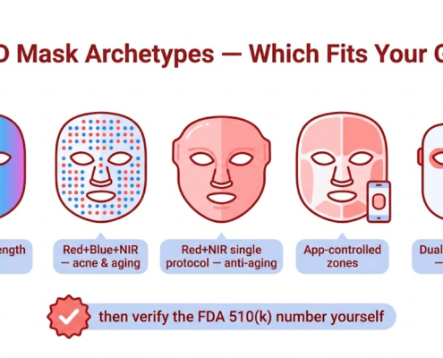 Five LED mask archetypes to compare: multi-wavelength seven-color, red blue NIR, red NIR single protocol, app controlled, dual wavelength — then verify the FDA 510(k) number