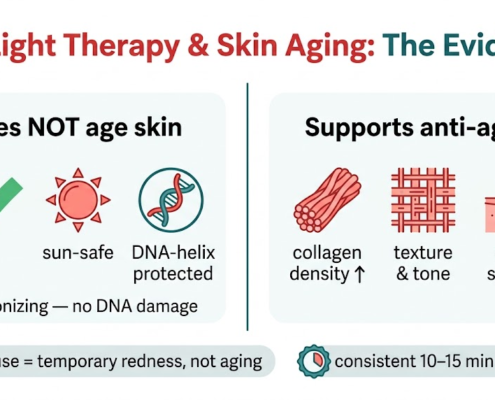 Red light therapy and skin aging evidence: left panel confirms it does not age skin as non-ionizing light, right panel shows collagen density texture and repair anti-aging support